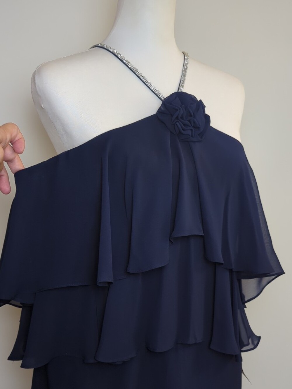 NWT MSK Navy Blue Rhinestone Halter Tiered Chiffon Top Rosette Blouse XL - Picture 8 of 15